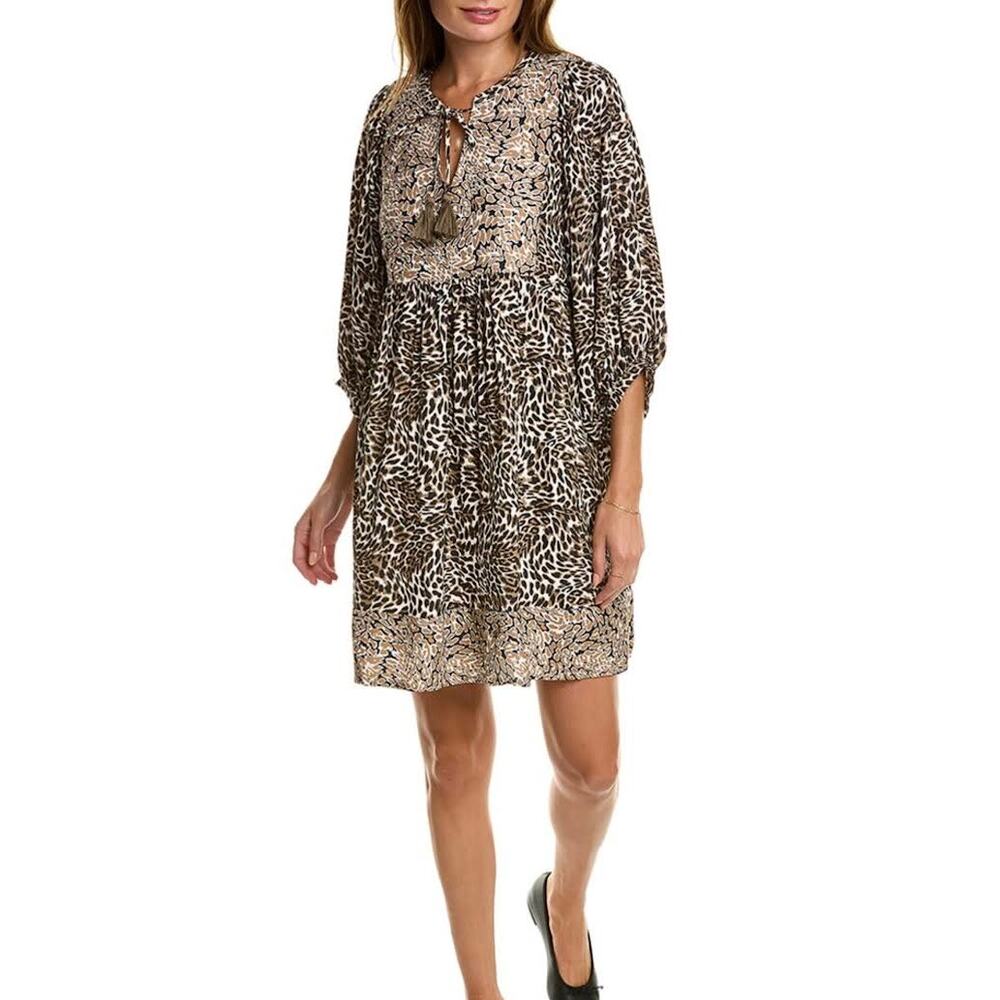 Tyler Boe Janet Animal Print Shift Dress Puffer Sleeve Small Boho Resort Artsy